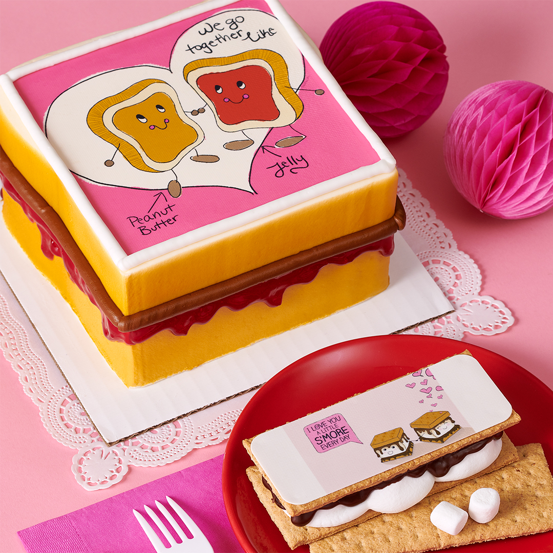 Peanut butter and jelly design cake with we go together like PB & J edible cake topper along with smores topper. Celebrate Valentine's Day with this cute design.