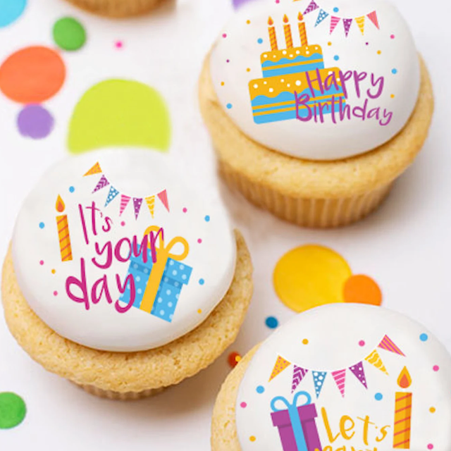 happy birthday colorful edible cupcake topper design with birthday cake