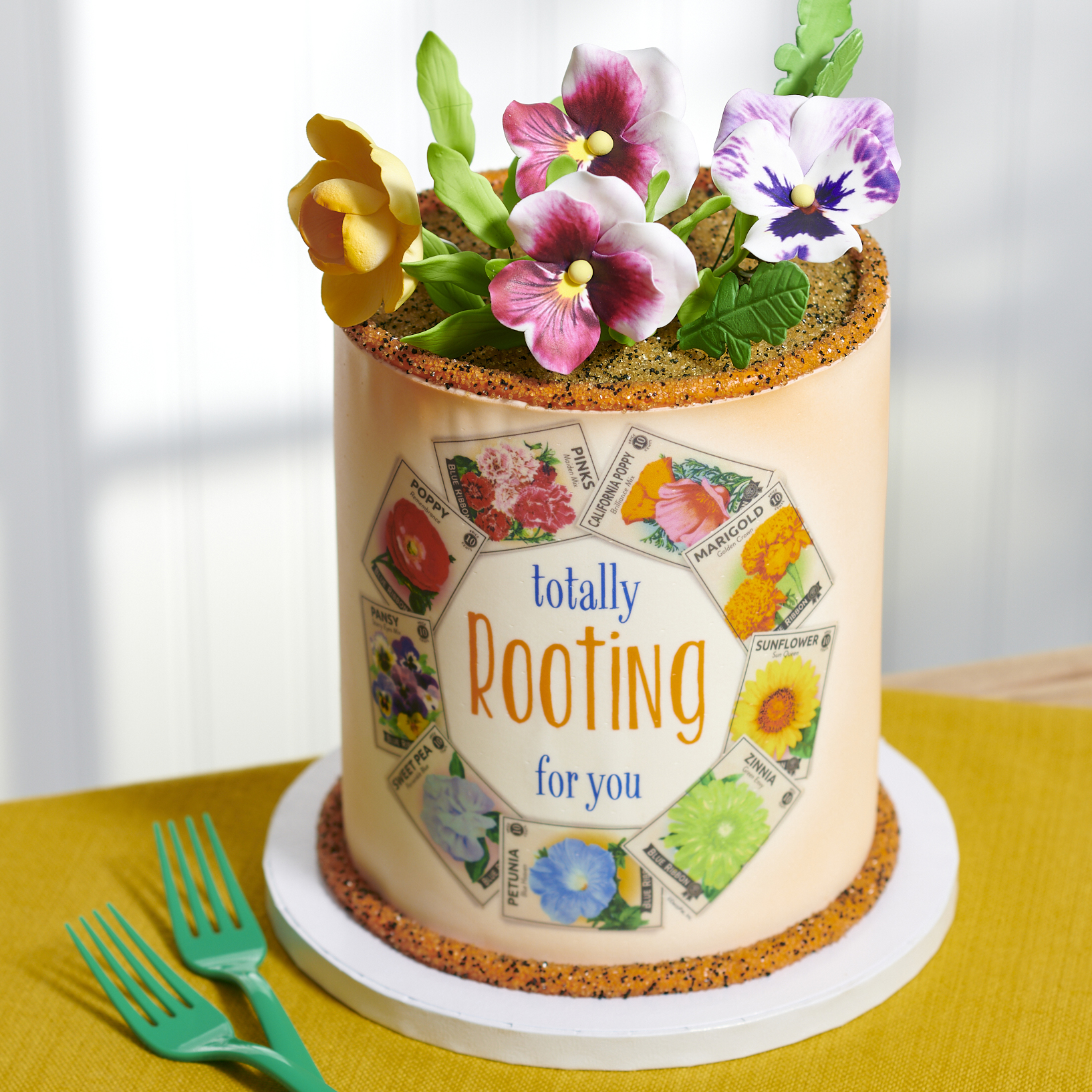 Totally rooting for you edible cake border for the garden fan borthday or even a great cake design for mother's day. Edible cake border with flower seed packets wrap around the cake