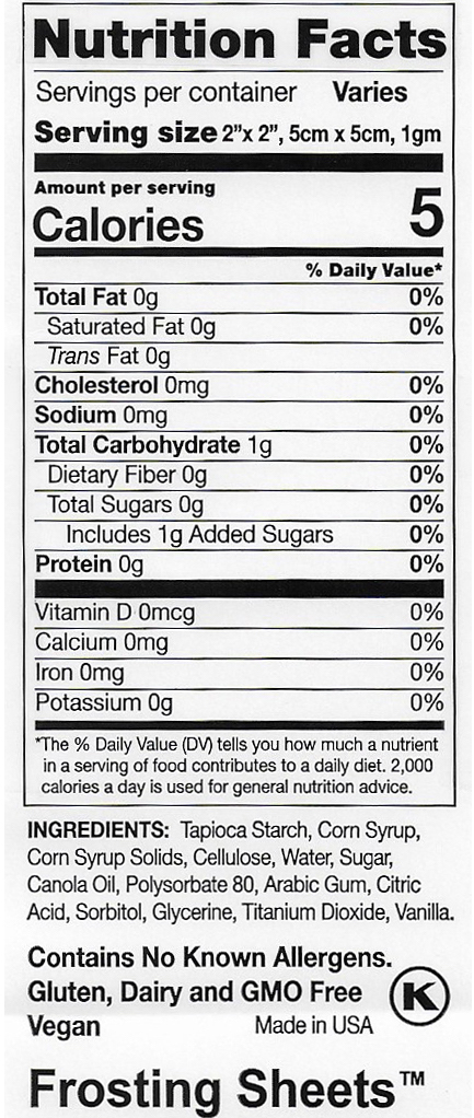 Nutritional facts for edible frosting sheet paper used for the edible cake toppers, edible cupcake toppers, edible cake borders and PYO kits