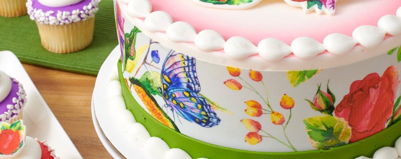 spring butterfly and flower design edible cake border with floral cupcake toppers