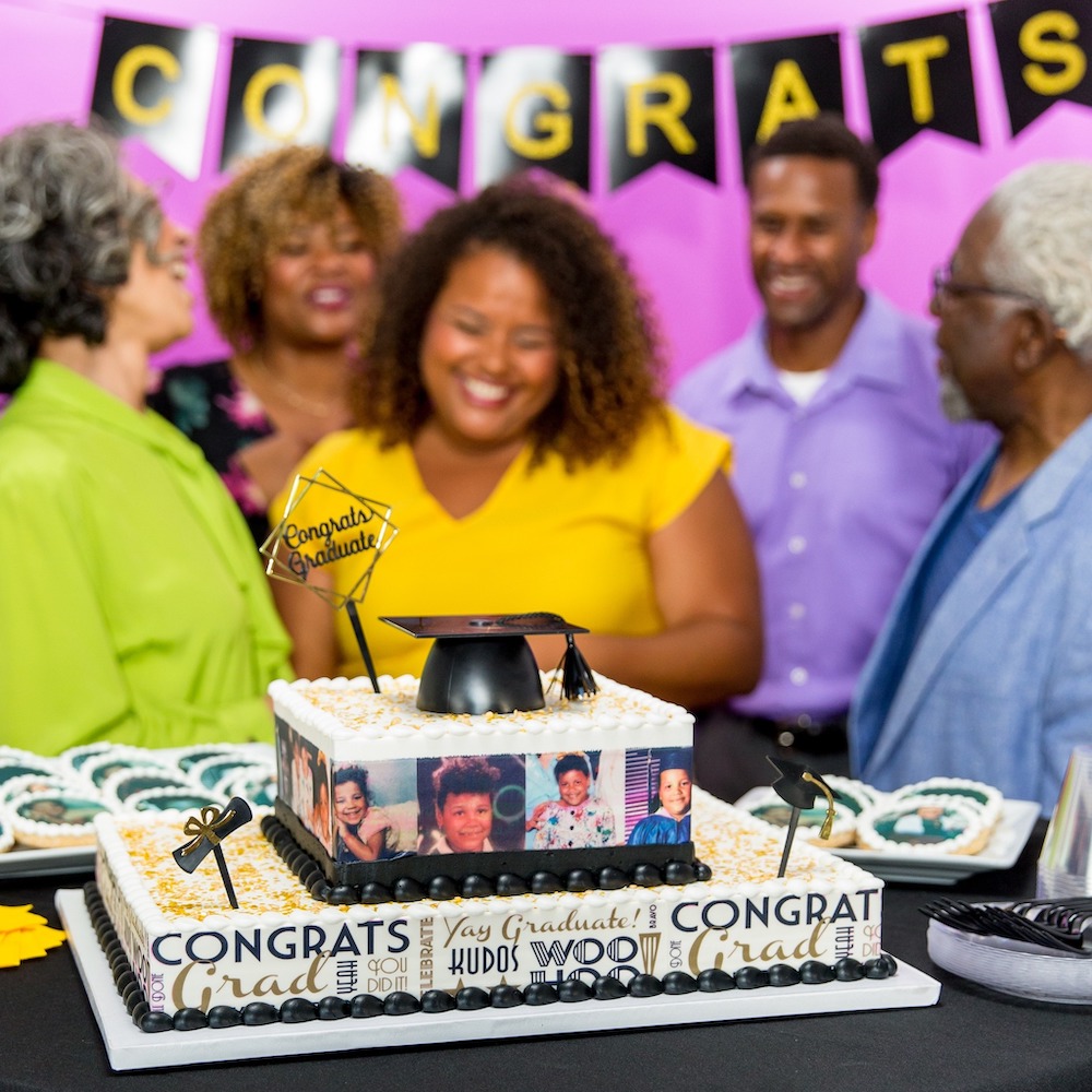 Graduation edible cake border with a custom photo collage edible cake border perfect for your college or high school graduate party. Also create custom photo topper cookies for the dessert table
